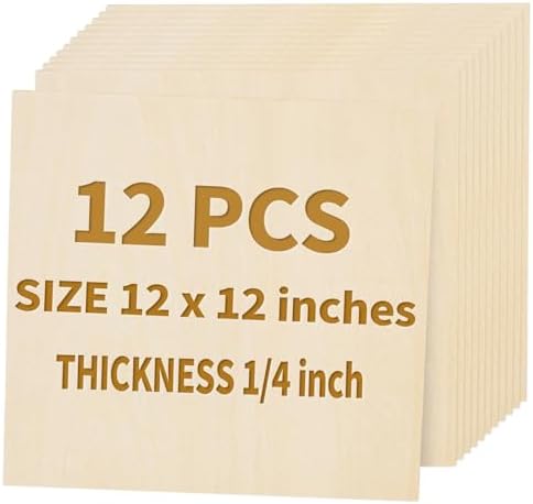 12 Pack Basswood Sheets for Crafts 12"x12"x1/4", 6mm Thick Plywood Sheets Board for Craft, Unfinished Wood Sheet for Laser Cutting & Engraving, Wood Burining, Painting, Staining，Architectural Model