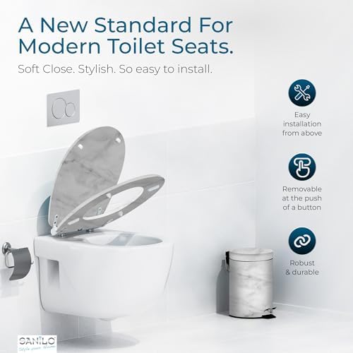 Sanilo Wooden Toilet Seat with Quick Release & Soft Close [ROUND] - Decorative & Slow Close Molded Wood Seat - With One Click for Easy Installation & Cleaning - With Adjustable Fit (Marble)