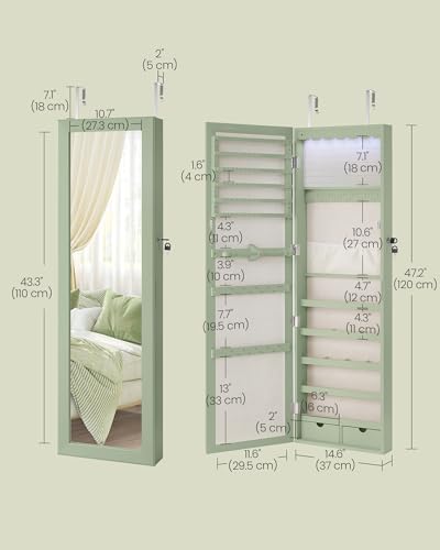 SONGMICS 6 LEDs Mirror Jewelry Cabinet, 47.2-Inch Tall, Lockable