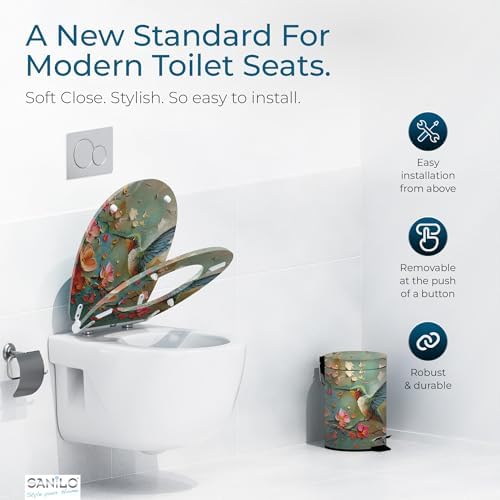 Sanilo Wooden Toilet Seat with Quick Release & Soft Close [ROUND] - Decorative & Slow Close Molded Wood Seat - With One Click for Easy Installation & Cleaning - With Adjustable Fit (Petalo)
