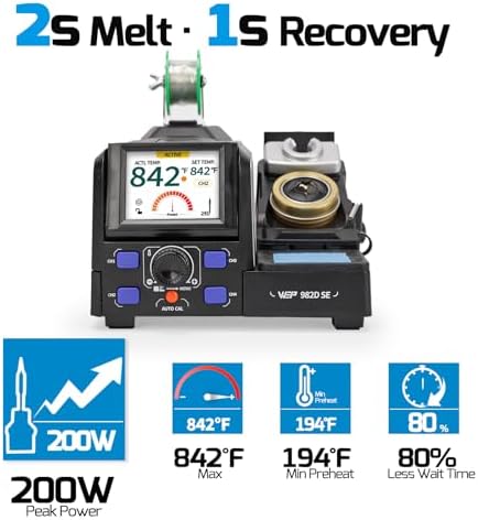 WEP 982D SE 200W 1S Heating Precision Soldering Iron Station for Electronics Repair & DIY with 7 C245 Tips, 194°F-842°F, 4 Preset Channels, Auto Temp. Calibration, Sleep Mode, °C/°F, ESD Safe