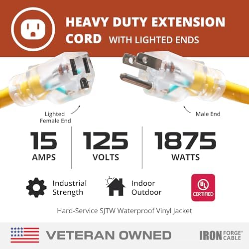 Iron Forge Cable 10 Gauge Extension Cord Heavy Duty, 25 Ft - Yellow SJTW