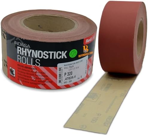 Indasa 2.75" PSA Sandpaper Roll - 27 Yard Rhynostick Long 320-Grit Continuous Roll, Self-Adhesive Stickyback Sand Paper for Woodworking, Automotive, Metal (Aluminum Oxide Plus Lubricant)