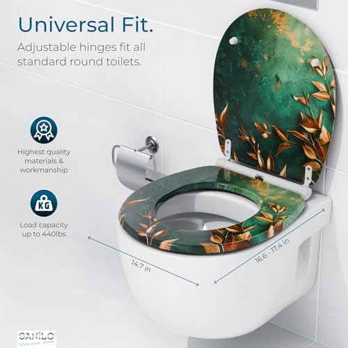 Sanilo Wooden Toilet Seat with Quick Release & Soft Close [ROUND] - Decorative & Slow Close Molded Wood Seat - With One Click for Easy Installation & Cleaning - With Adjustable Fit (Greego)
