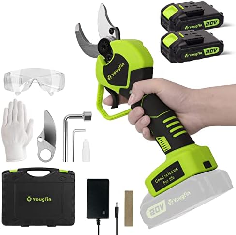 Electric Pruning Shears, Yougfin 1.12" Wood Ranger Power Shear with 2 * 20V Batteries Powered Pruning Shears for Gardening Power Pruners Cordless with SK5 Replacable Blade Effortless Safe System