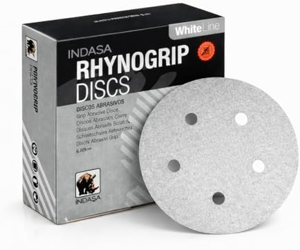 Indasa 5" Rhynogrip White Line 5-Hole Vacuum Sanding Discs (54 Series) – Premium Aluminum Oxide Hook & Loop Discs for Professional Sanding (Box of 50) (5in 5-Hole (Hook & Loop), 150, Fine)