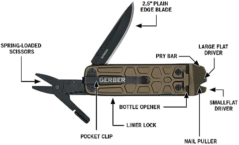Gerber Lockdown Slim Pry 7-in-1 EDC Keychain Multitool, Knife, Burnt Bronze