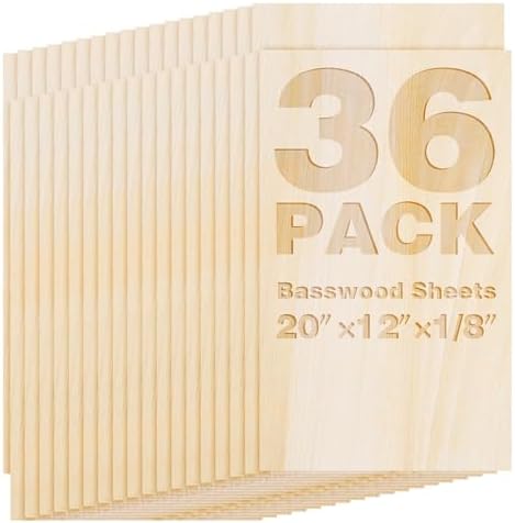 36 Pack Basswood Sheets 20"x12"x1/8", 3mm Basswood for Laser Cutting, Thin Plywood Board Unfinished Wood for Crafts, DIY Architectural Models Making, Wood Engraving, (36Packs-20inchx12inch)