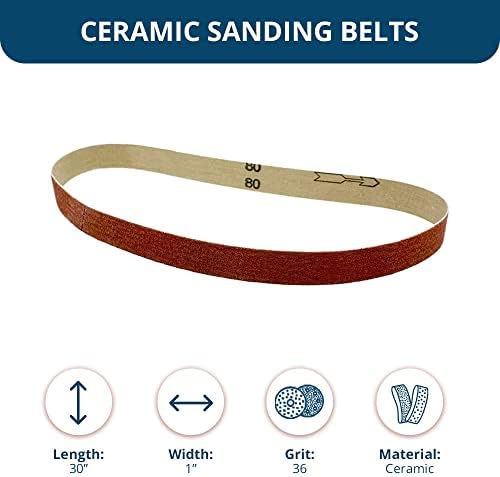 Benchmark Abrasives 1 x 30 Inch Sanding Belts with Ceramic Grains Sand Paper for Metal Grinding, Sanding Knife Polishing, Surface Blending Sander Paper Belt for Woodworking (10 Pack), 36 Grit