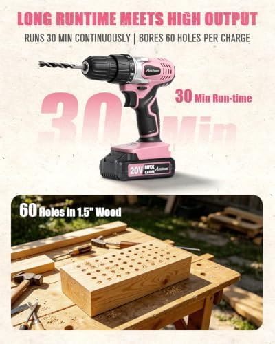 AVID POWER 20V Cordless Drill Set for Home DIY & Beginner Projects - Lightweight Power Drill with Battery Charger & 22 Bits, Variable Speed, 3/8" Keyless Chuck, Ideal for Furniture Assembly (Pink)