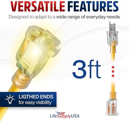 3ft Outdoor/Indoor Extension Cord 14/3 Gauge Heavy Duty 3 Prong SJTW, Waterproof, Flexible Cold-Resistant Long Power Cord,15A 125V 1875W, Yellow by LifeSupplyUSA