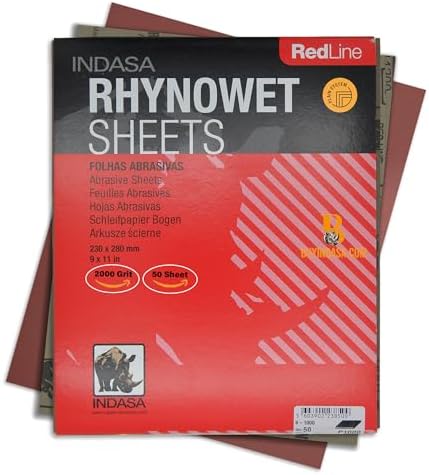 INDASA Rhynowet Red Line Wet Dry Sanding Sheets 9 x 11 Inch 2000 Grit Waterproof Latex Backing Abrasive Paper for Wood Metal Automotive Surface Prep Pack of 50