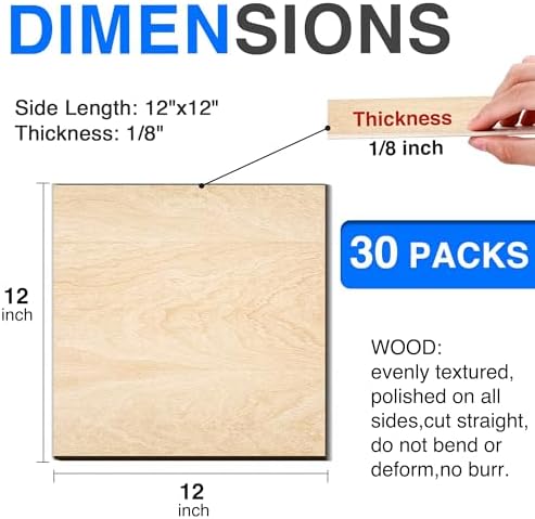 30 Pack Basswood Sheets 12"x12"x1/8", 3mm Basswood for Laser Cutting, Thin Plywood Board Unfinished Wood for Crafts, DIY Architectural Models Making, Wood Engraving, Wood Burning Product.