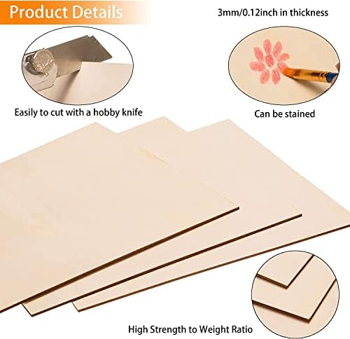 12 Pack Basswood Sheets for Crafts-16 x 16 x 1/8 Inch- 3mm Thick Plywood Sheets with Smooth Surfaces-Unfinished Squares Wood Boards for Laser Cutting, Wood Burning, Architectural Models, Staining