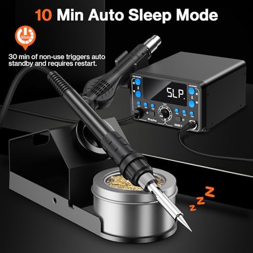 Preciva 902D V Soldering Station 2-in-1 SMD Hot Air Rework Station with LED, Memory Presets, Sleep, Calibration, °C/ºF | Includes Soldering Iron, Hot Air Gun, 5 Tips, 4 Nozzles, Holder, Solder Wire