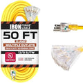 Iron Forge Cable 50 Foot Lighted Outdoor Extension Cord with 3 Electrical Power Outlets - 12/3 SJTW Heavy Duty Yellow Extension Cable with 3 Prong Grounded Plug for Safety, 15 AMP