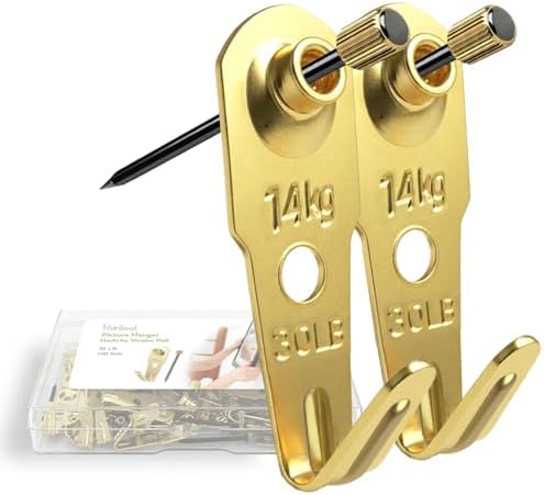 Picture Hangers, Extra Thick, 30 lb, for Decorative Drywall & Plaster Walls - Small Nails for Painting, Frame Hooks to Hang for Hanging, 100 pcs, Gold