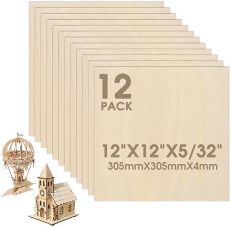 12 Pack Basswood Sheets 12"×12"×5/32" Unfinished Plywood Sheet Smooth Thin Wood Boards for Laser Cutting Wood Carving Burning DIY Crafts