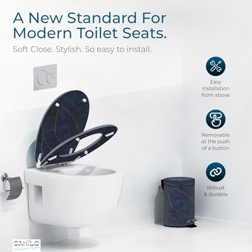 Sanilo Wooden Toilet Seat with Quick Release & Soft Close [ROUND] - Decorative & Slow Close Molded Wood Seat - With One Click for Easy Installation & Cleaning - With Adjustable Fit (Marble Darkblue)