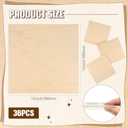 Riakrum Basswood Sheets Plywood Board Unfinished Wood Boards for Crafts for DIY Laser Projects Architectural Mini House Building Hobby Model Making(12 x 12 x 1/16 Inch,36)