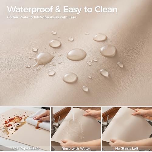 1.6mm Thick Leather 10x48 Inch Non-Slip Mat, Waterproof Countertop Protector, Kitchen Counter Runner/Slim Console Table, Warm Beige