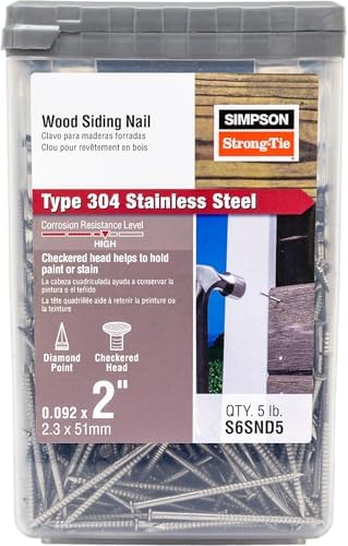 Simpson Strong-Tie S6SND5 Ring-Shank Wood Siding Nail, 2 Inch x 0.092 Inch, 13 Gauge, Full Round Head, Diamond Point, Type 304 Stainless Steel (Pack of 1225)