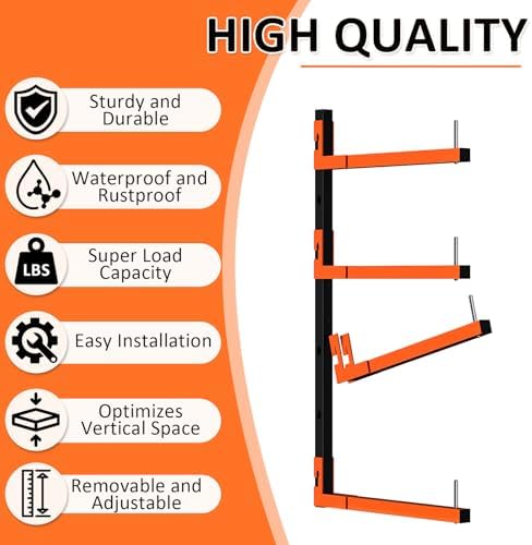 2 Pack Lumber Storage Rack, Wall Mount Removable & Adjustable Lumber Rack with 4-Level Holds Up 520 Lbs, Heavy Duty Metal Garage Wood Rack for Workshop, Basement, Indoor and Outdoor