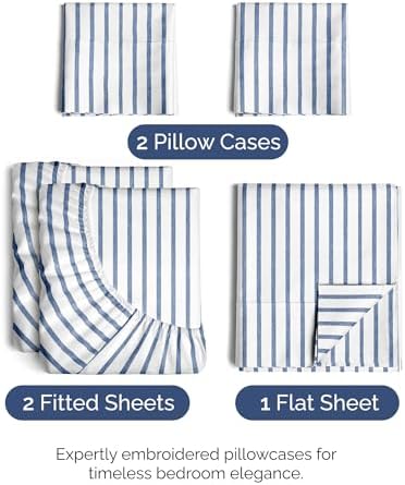 Split King Size 5 Piece Sheet Set - Breathable & Cooling - Blue Stripes