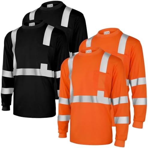 Amylove 4 Pcs Long Sleeve High Visibility Safety Shirts,XL,Orange, Black