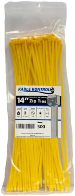 Kable Kontrol Cable Zip Ties, 14 Inch, 500 Pcs, 50lbs Test, Yellow | Nylon Plastic, Self Locking, UL Listed, Indoor Use
