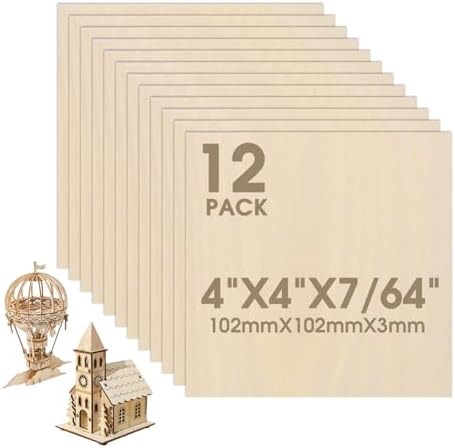 12 Pack Basswood Sheets 4"×4"×7/64" Unfinished Plywood Sheet