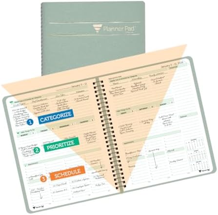Planner Pad Spiral Bound January-December 2026/ Calendar Year 6 3/4" x 8 1/2" Medium 3-Tier Funnel Down 12 Month Organizer, Greenish Grey Cover/Soft Green Ink