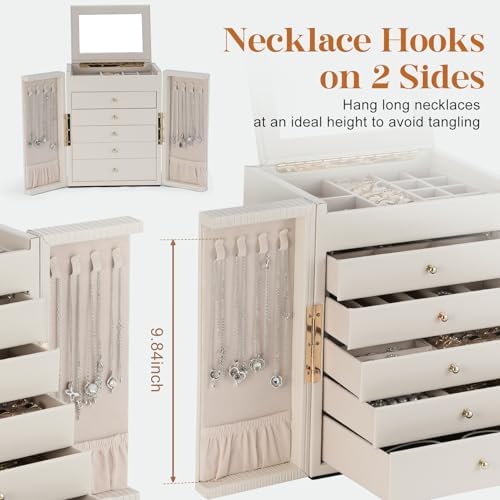 Dajasan Large Jewelry Organizer Box, Jewelry Boxes for Women Girls, 6-Tier Jewelry Storage Organizer with Mirror for Necklace Ring Bracelet Watch, Gift Idea (Beige)