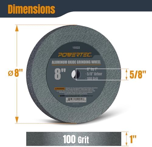 POWERTEC Bench Grinder Wheel 8 Inch 100 Grit, Aluminum Oxide Grinding Wheel for Bench Pedestal Grinder, 1" Thick 5/8" Arbor, Sharpening & Shaping Drill Bits, Blade, and Chisel 1PK (15522)