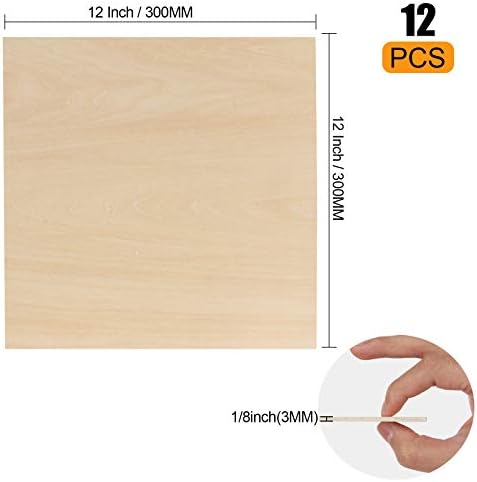 12 Pack Basswood Sheets 1/8 x 12 x 12 Inch Plywood Board, Thin Natural Unfinished Wood for Crafts, Hobby, Model Making, Wood Burning and Laser Projects