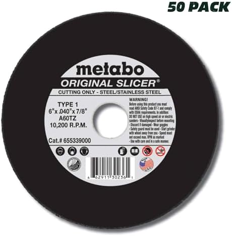 Metabo 655339000 50-Pack | 6-inch Original Slicer® Cutting Wheel | Type 1 | 6" x .040" x 7/8" | A60TZ | Aluminum Oxide | Very Fast & Flexible | Steel, Stainless Steel