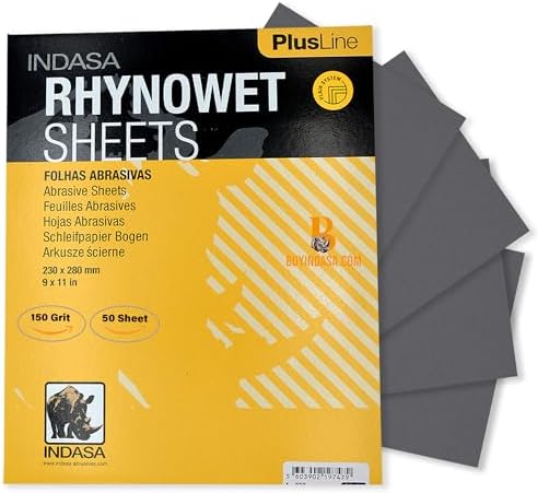 Indasa 50 PCS 9x11” Wet & Dry Sandpaper Sheets, 150 GRIT, Rhynowet Clog-Resistant Abrasive for Wood, Metal, Auto, Paint & Clear Coat Finishing, Sand Paper Aluminum Oxide, Plusline