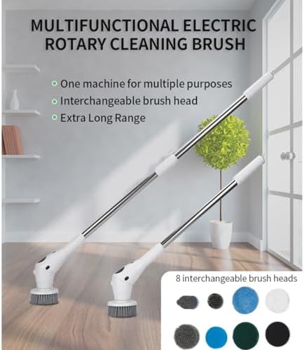 Taoke Electric Scrubber Brushes, 8 Replaceable Cleaning Heads & Adjustable Handle, 3 Speeds, with Night Light and LED Display, Bathroom Grout Floor Wall Sink Scrubber