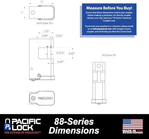 PACLOCK's 88-Series Shrouded Trailer Coupler Lock, Standard Rekeyable (SR), One Lock Keyed to a Number U-Pick! w/ 2 Keys, Silver