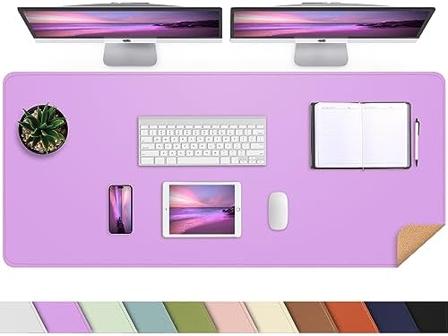 AFIING Leather Desk Pad Protector, Large Desk Mat with Natural Cork & PU Leather, Mouse Pad, Non-Slip, Waterproof Desk Writing Pad for Office and Home, Purple