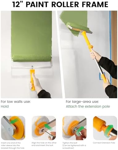 Voomey 12-Inch Paint Roller Kit with Extension Pole, 12” Paint Tray with Liners, Heavy Duty Roller Frame & Long Paint Rollers, Ideal for Walls, Interior & Exterior Painting