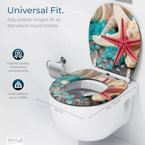 Sanilo Wooden Toilet Seat with Quick Release & Soft Close [ROUND] - Decorative & Slow Close Molded Wood Seat - With One Click for Easy Installation & Cleaning - With Adjustable Fit (Bath Salt)