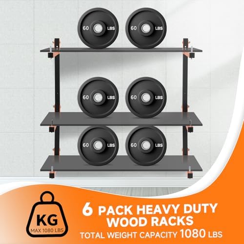 6 Pack Lumber Rack Wall Mount, Heavy Duty Wood Storage Racks, 9-Level System Organizer Shelving, 1080 LBS Capacity Hanging Garage Shelves, Orange Brackets Utility Metal Shelf for Indoor and Outdoor