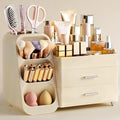 HBlife Makeup Organizer with Brush Holder for Vanity, Large Plastic Bathroom Countertop Organizer Skin Care Storage, Easy to Store Lipsticks, Nail Polishes, Perfumes, Eyeshadow Palettes, All Beige