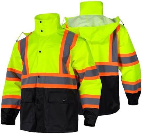 Class 3 High Visibility Rain Suit With Detachable Hood Waterproof Lime Reflective Safety Worker Jacket & Pants (S/M Yellow)
