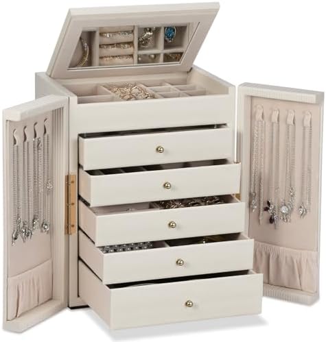 Dajasan Large Jewelry Organizer Box, Jewelry Boxes for Women Girls, 6-Tier Jewelry Storage Organizer with Mirror for Necklace Ring Bracelet Watch, Gift Idea (Beige)