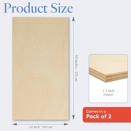 Baltic Birch Plywood 24 x 48 x 1/4 Inch - 6 mm Craft Wood, Pack of 2 B/BB Grade, Stronger Than Basswood Sheets or Balsa Wood, Perfect for Laser, CNC Cutting, Wood Burning, by Woodpeckers