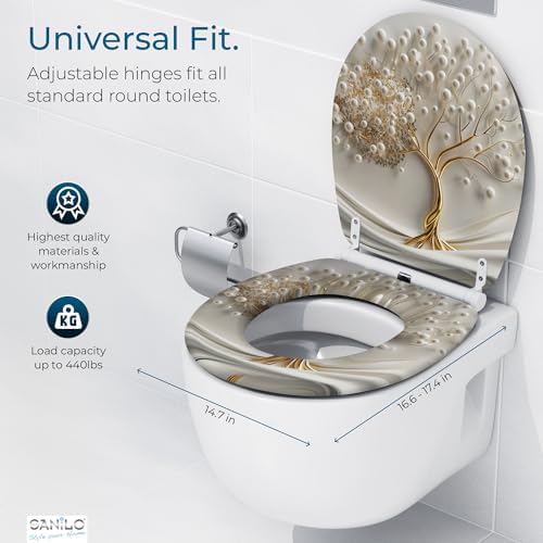 Sanilo Wooden Toilet Seat with Quick Release & Soft Close [ROUND] - Decorative & Slow Close Molded Wood Seat - With One Click for Easy Installation & Cleaning - With Adjustable Fit (Tree of Life)