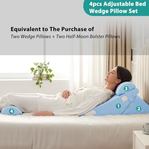 Bedluxe Adjustable 4pcs Bed Wedge Pillow Set, Memory Foam Wedges Pillow Post Surgery for Back, Neck, Leg Pain Relief, Pillows Wedge for Sleeping, Sitting up in Bed, Acid Reflux and GERD, Light Blue