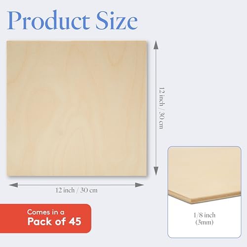 3 mm Baltic Birch Plywood 1/8 x 12 x 12 Inch, Box of 45 B/BB Grade Craft Wood, Stronger Than Basswood Sheets, for Laser, CNC Cutting and Wood Burning, by Woodpeckers